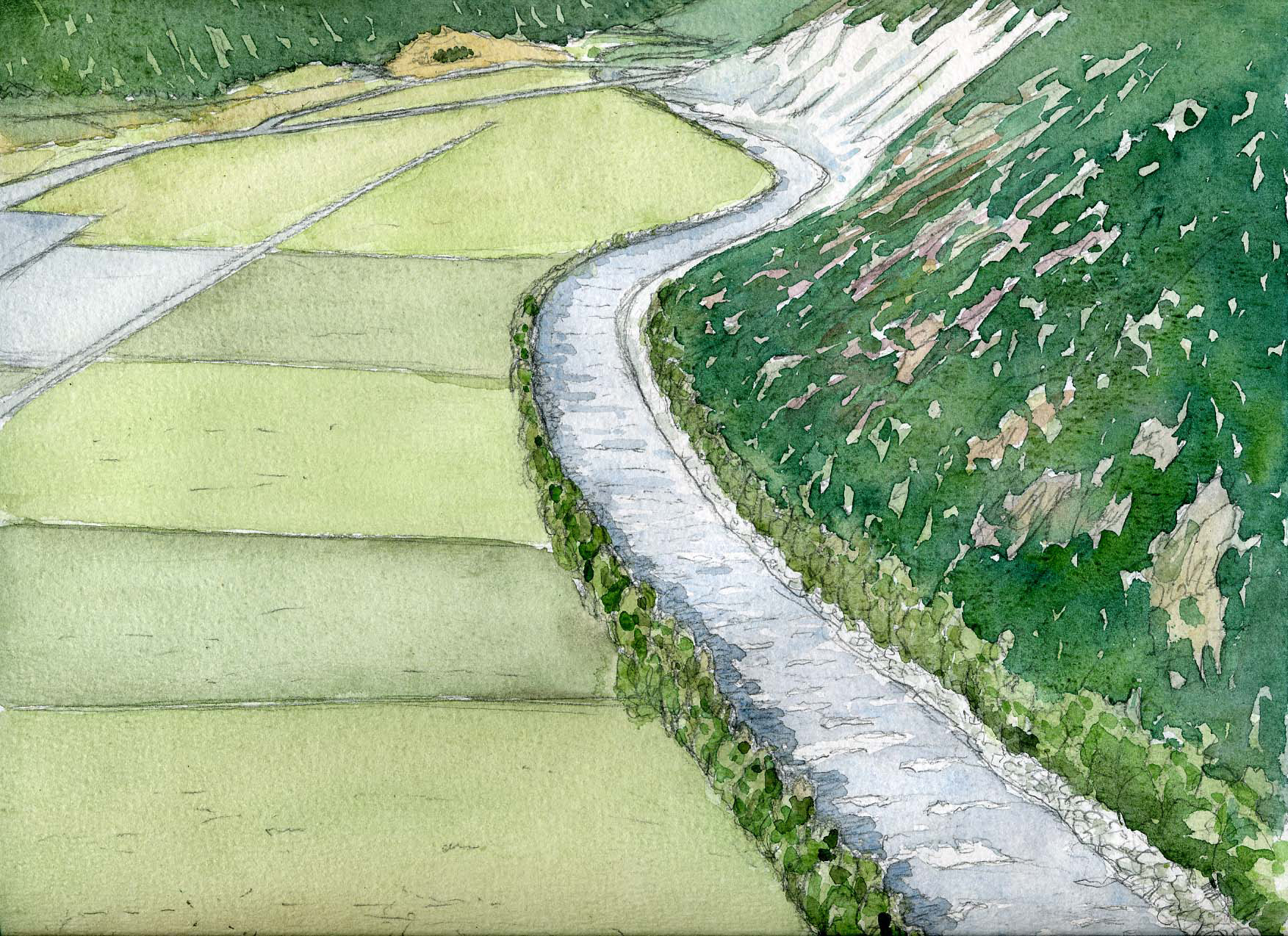 Etat initial de la Dranse à Sembrancher (croquis par DROSERA SA)