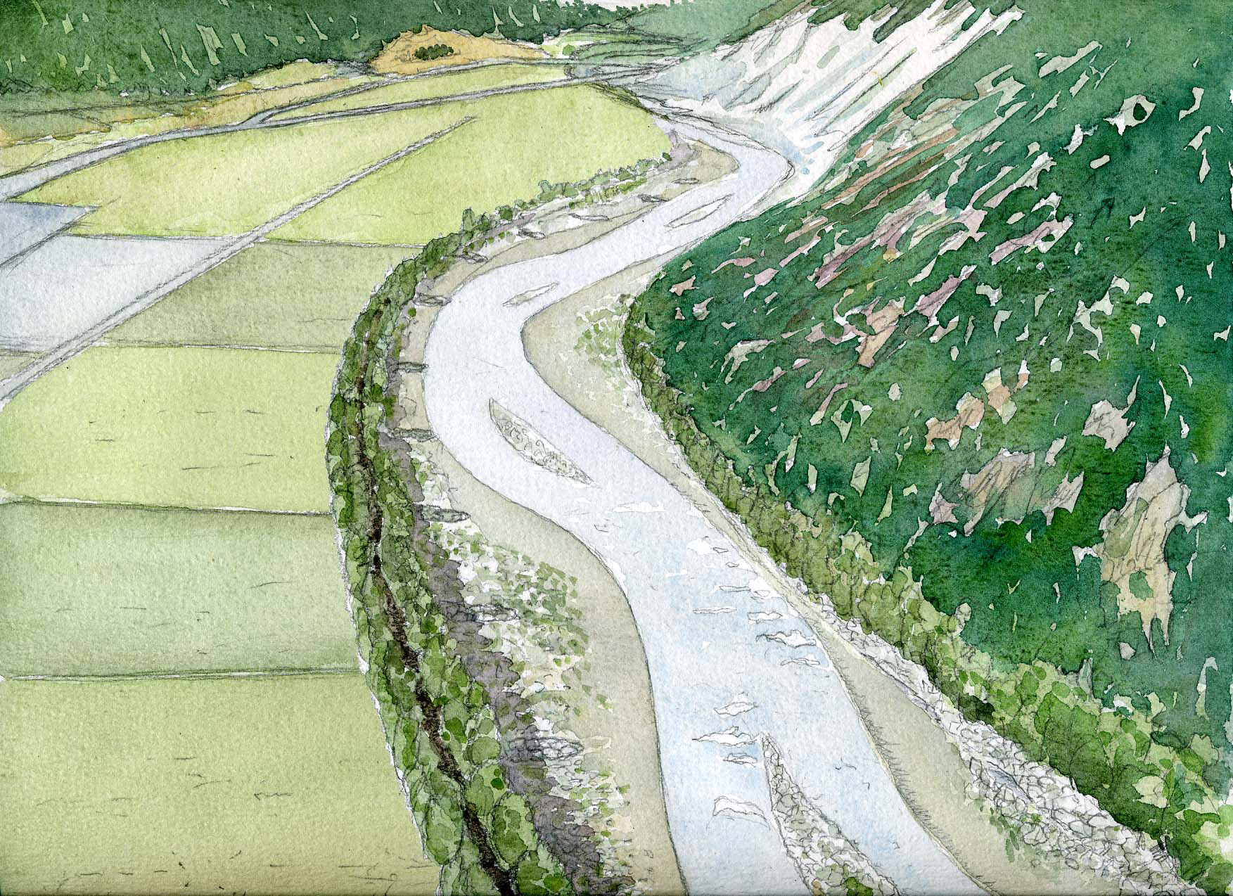 Projet de renaturation de la Dranse à Sembrancher (croquis par DROSERA SA)