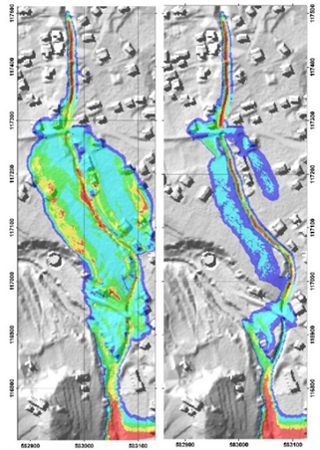 Calcul lave torrentielle du St-André à Chamoson avec / sans mesures de protection